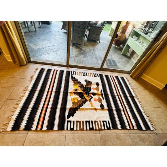 1930-40s Aztec Mexica Native Tenochtitlan Hand Woven Wool Rug 81” X 49” - Picture 6 of 6